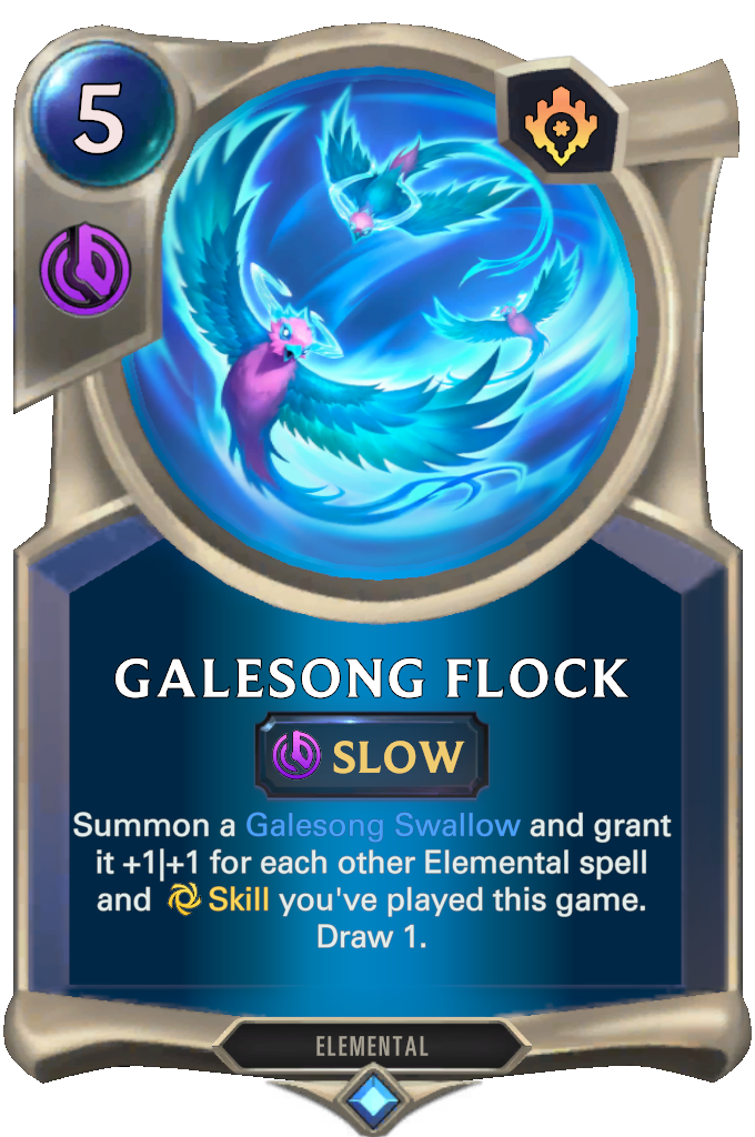 Galesong Flock. Summon a Galesong Swallow and grant it +1|+1 for each other Elemental spell and Skill you've played this game. Draw 1.