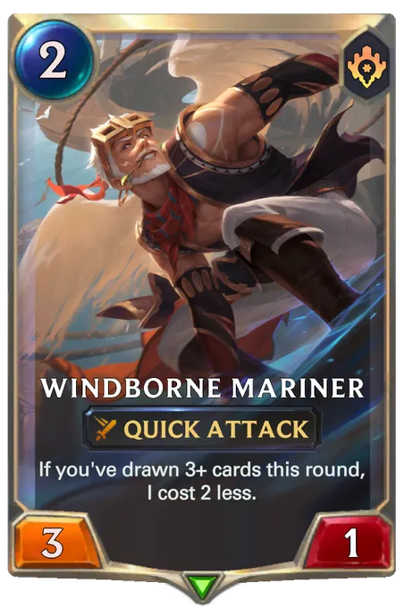 Windborne Mariner. If you've drawn 3+ cards this round, I cost 2 less.